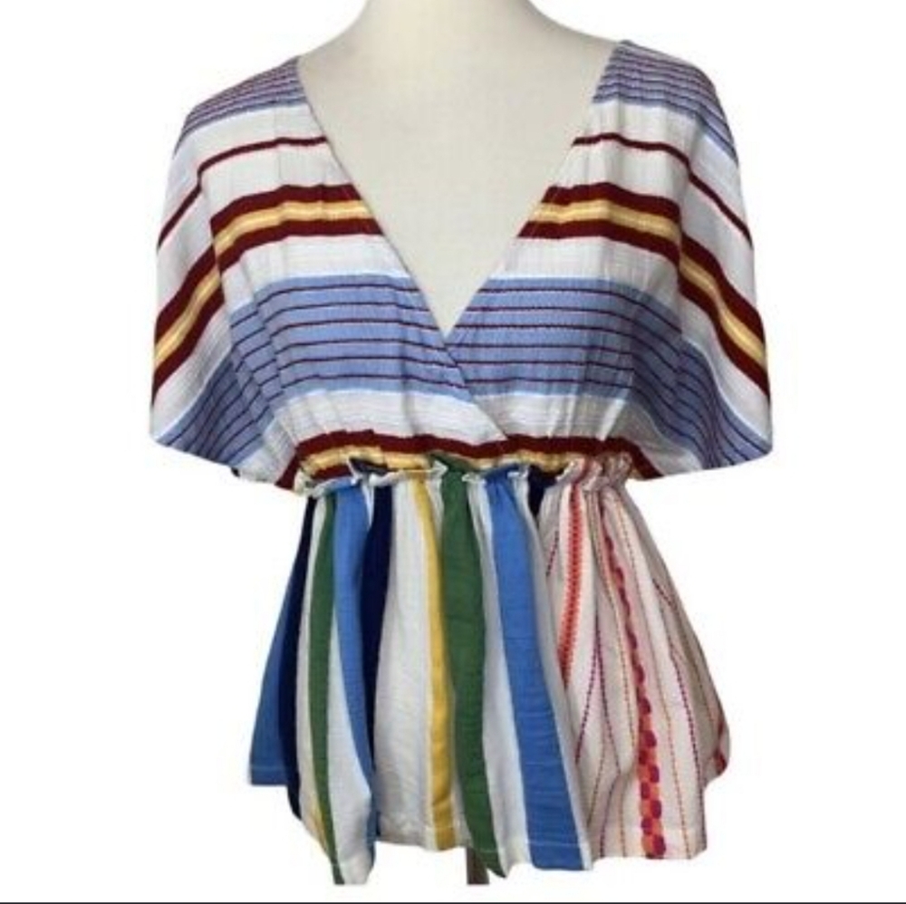 Lou & Grey Red and Blue Wrap Blouse with Puff Sleeves